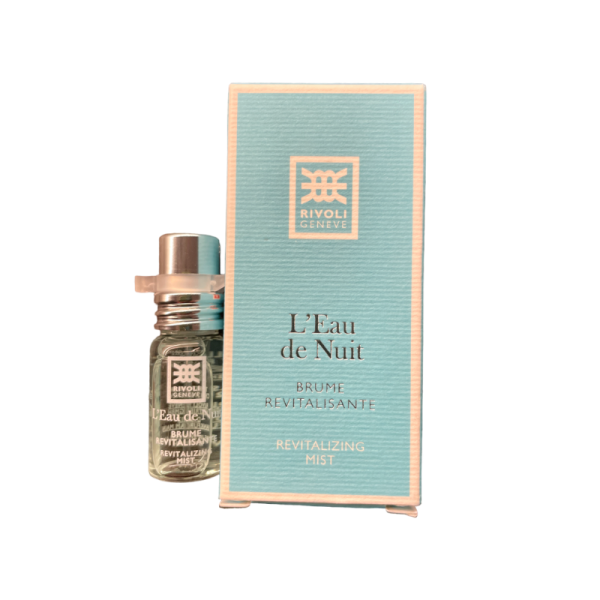 Rivoli Genève L'Eau de Nuit Detox Spray Luxus Sample, revitalisierendes Spray in einer kleinen Flasche neben der Verpackung.