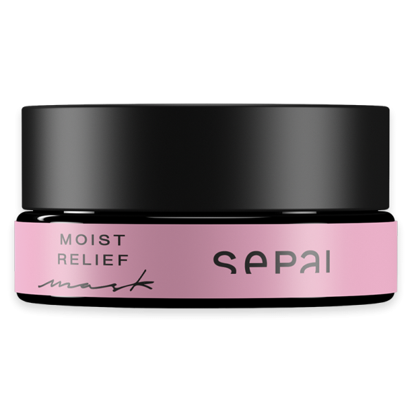 Ein schwarzer Tiegel mit rosa Etikett, auf dem 'Moist Relief Mask' und 'Sepai' steht.