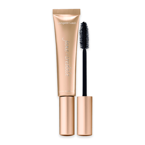 Jane Iredale Longest Lash Mascara in Black Ice, goldene Tube und Bürste, auf weißem Hintergrund.