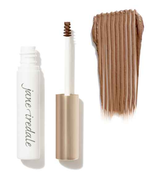 Jane Iredale Pure Brow Gel in Ash Blonde, geöffnete Tube und Farbmuster auf weißem Hintergrund.