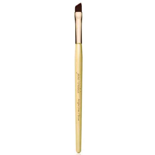 Jane Iredale Winkel-Liner/Brauen-Pinsel mit goldenem Griff und braunen Borsten.