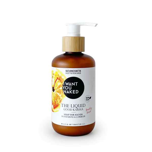 Flasche Flüssigseife 'I Want You Naked' mit Mandarine und Lorbeer, 250 ml, Naturkosmetik, antibakteriell.