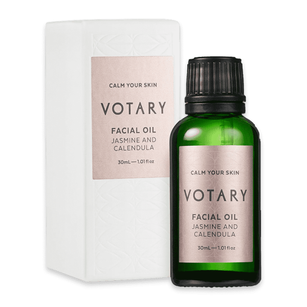 VOTARY Gesichtsöl mit Jasmin und Calendula, 30ml Flasche und Verpackung.