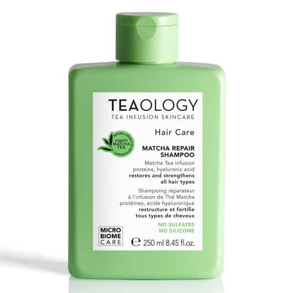 Grüne Flasche Teaology Matcha Repair Shampoo, 250 ml, für alle Haartypen, ohne Sulfate und Silikone.