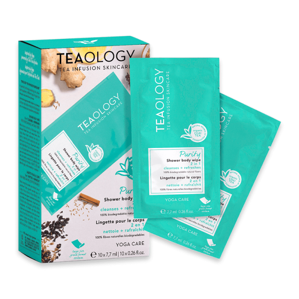 TEAOLOGY Purity Duschpflege-Set, bestehend aus einer Box und zwei Duschpflege-Tüchern, auf weißem Hintergrund.