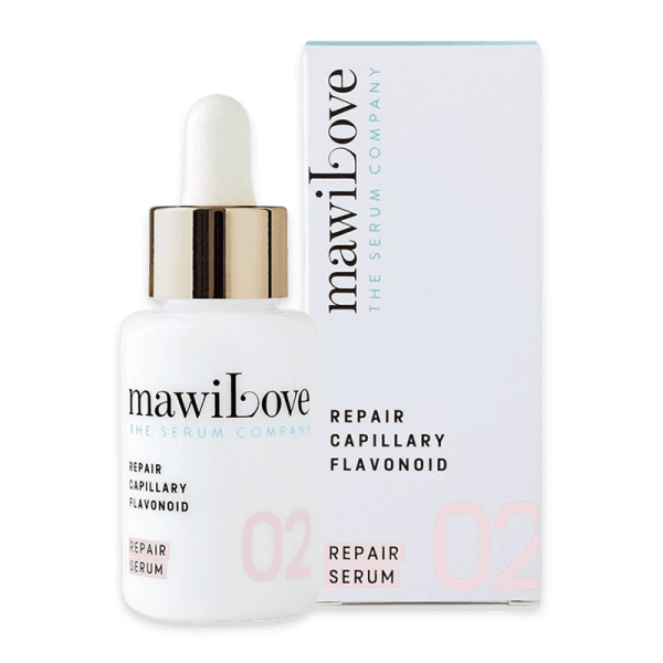 mawiLove Repair Capillary Flavonoid Serum in weißer Flasche mit Pipette und Verpackung im Hintergrund.