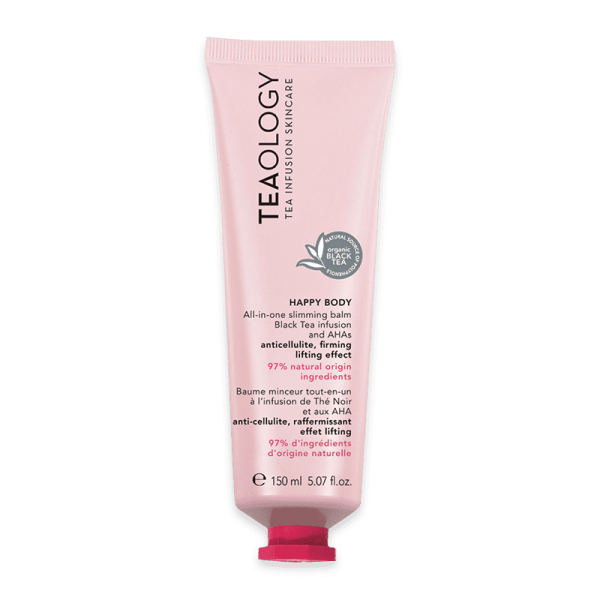 TEAOLOGY Happy Body Slimming Concentrate, 150 ml Tube, rosa Verpackung, Text auf Englisch und Französisch, schwarzer Tee-Extrakt.