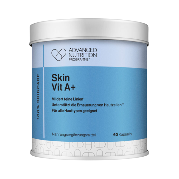 Dose Skin Vit A+ Nahrungsergänzungsmittel mit 60 Kapseln, unterstützt Hautzellenerneuerung, für alle Hauttypen geeignet.