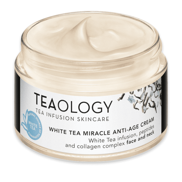 Ein Glasbehälter mit TEAOLOGY White Tea Miracle Anti-Age Cream, für Gesicht und Hals, mit Weißtee-Infusion, Peptiden und Kollagen.