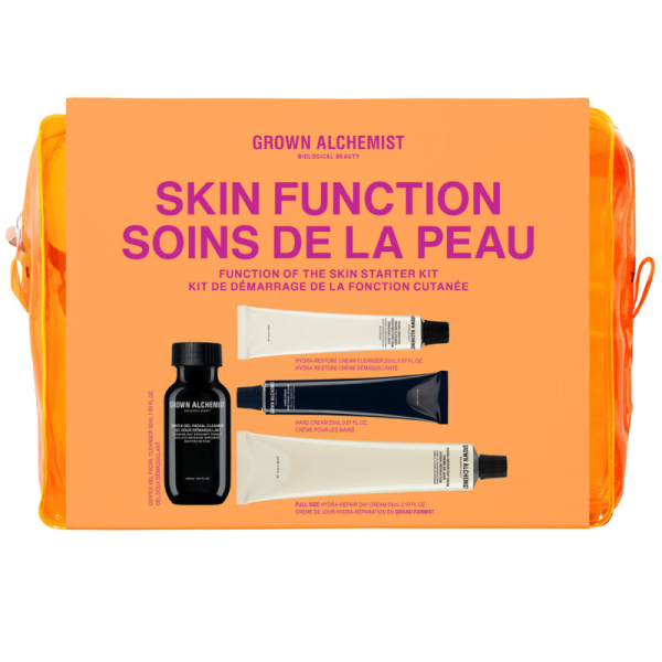 GROWN ALCHEMIST Starter-Set 'Function of the Skin' in orange Verpackung mit drei Pflegeprodukten.