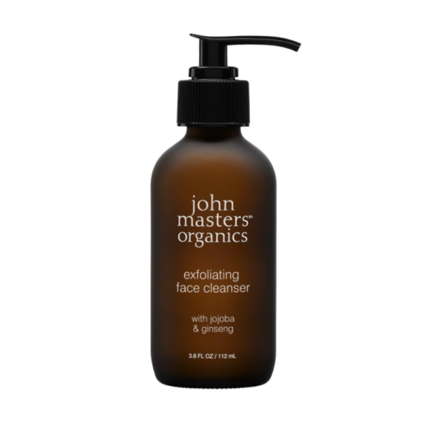 Braune Flasche John Masters Organics Exfoliating Face Cleanser mit Jojoba und Ginseng, 112 ml.