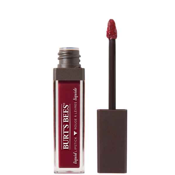 Burt's Bees flüssiger Lippenstift in roter Farbe, geöffnete Verpackung mit Applikator.