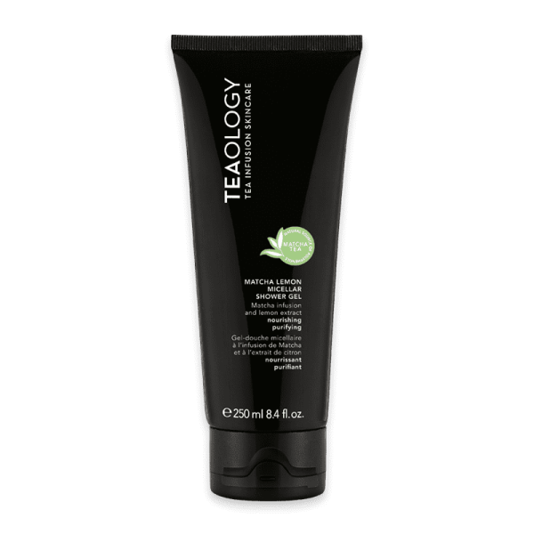 Schwarze Tube mit TEAOLOGY Matcha Lemon Micellar Shower Gel, 250 ml, auf weißem Hintergrund.