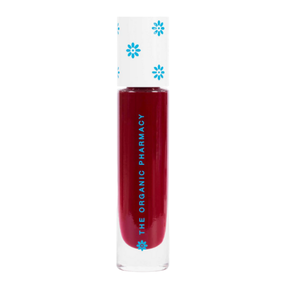 THE ORGANIC PHARMACY Volumising Balm Gloss in Rot, in einer transparenten Flasche mit weißem Deckel und blauen Blumen.