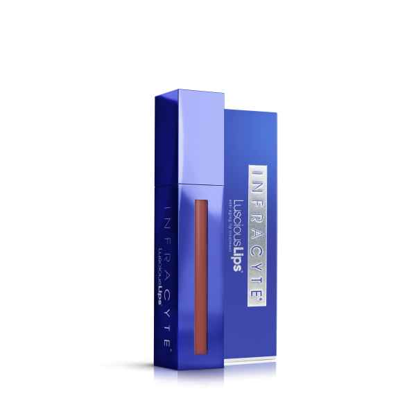 Blaue Verpackung von Infracyte Luscious Lips Lipgloss mit silberner Schrift und durchsichtigem Fenster, das die Farbe zeigt.