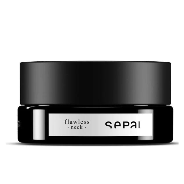 Schwarzes Tiegel mit der Aufschrift 'flawless neck' und 'SEPAI' auf weißem Hintergrund.