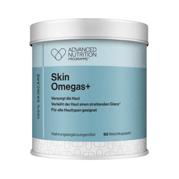 Dose Skin Omegas+ Nahrungsergänzungsmittel mit 60 Weichkapseln für strahlende Haut, geeignet für alle Hauttypen.