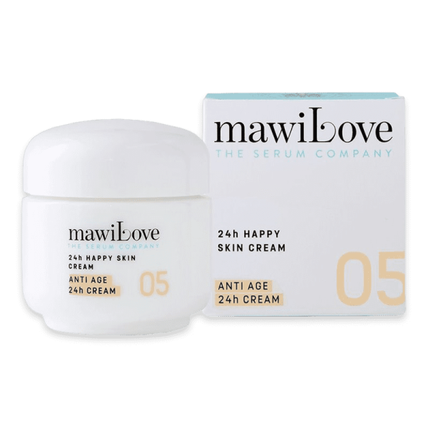 MawiLove 24h Happy Skin Cream 50ml, Anti-Age-Creme in weißem Tiegel und Verpackung mit blauer Schrift.