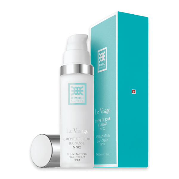 Rivoli Genève Le Visage Crème de Jour Jeunesse N°02, 50ml, weiße Flasche mit silbernem Deckel und türkisfarbener Verpackung.