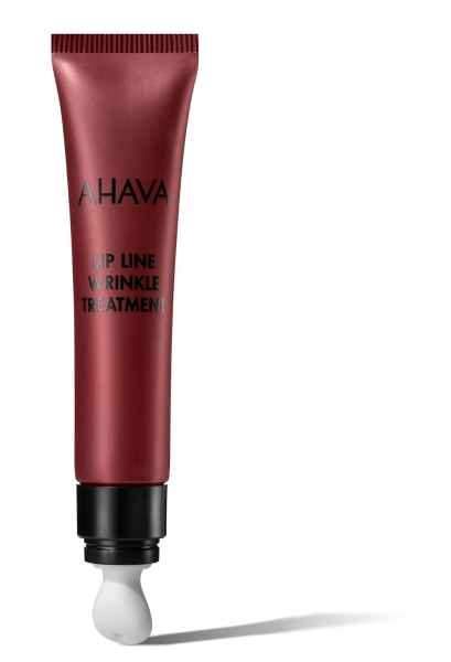 Rote Tube mit AHAVA Lip Line Wrinkle Treatment, Anti-Falten-Behandlung für Lippen.