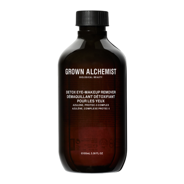 GROWN ALCHEMIST Detox Eye-Make-up Entferner, 100ml, braune Flasche mit schwarzem Deckel.