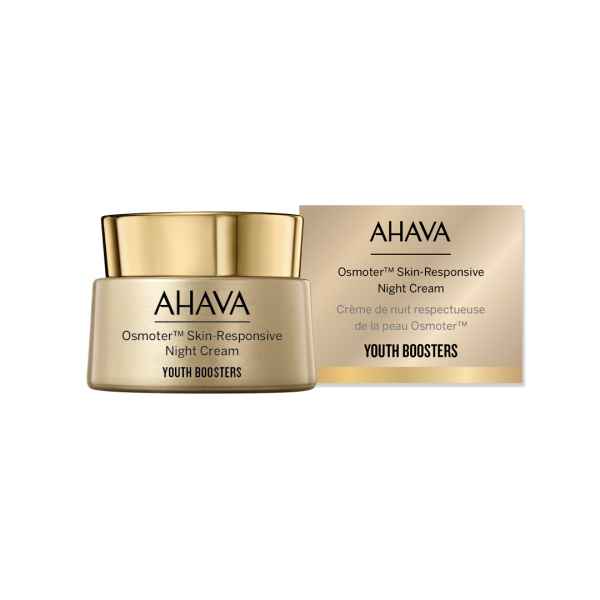 AHAVA Osmoter Skin-Responsive Nachtcreme, Youth Boosters, goldene Verpackung, Produktbild.