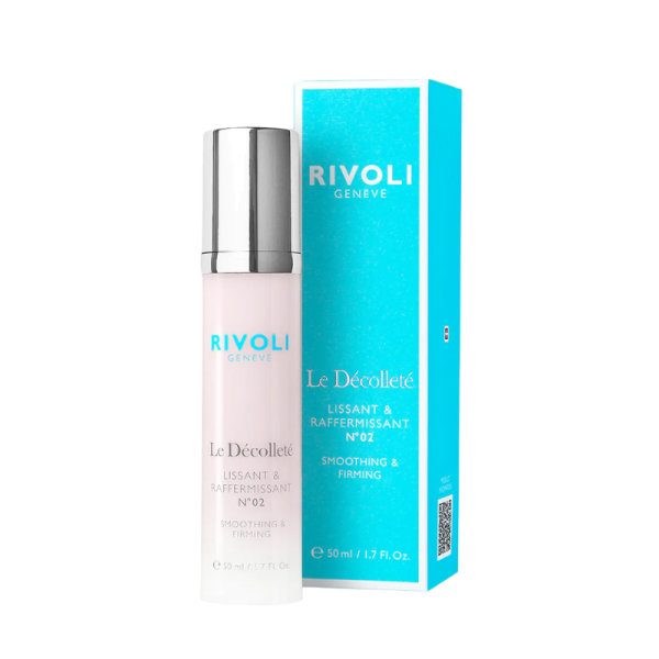 Rivoli Genève Le Décolleté Lissant & Raffermissant N°02, glättende und straffende Creme, 50 ml Flasche neben der Verpackung.