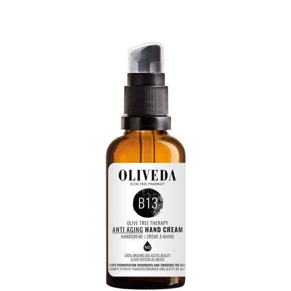 OLIVEDA B13 Anti-Aging Handcreme 50ml in brauner Flasche mit schwarzem Pumpspender.