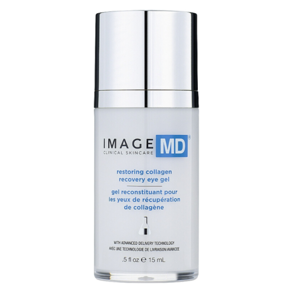 IMAGE MD Restoring Collagen Recovery Eye Gel, 15 ml, weißer Spender mit blauem Logo und Text.