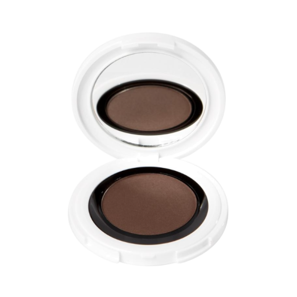 UND GRETEL IMBE Lidschatten in der Farbe 1 Bark, geöffnetes weißes Etui mit braunem Lidschatten.