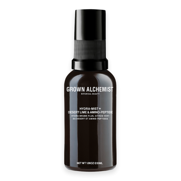 Grown Alchemist Hydra-Mist+ Flasche, 30 ml, schwarzes Design, Text: Desert Lime & Amino-Peptide.