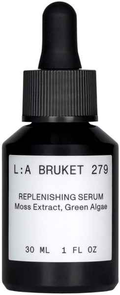 Schwarze Flasche L:A Bruket 279 Replenishing Serum mit Moosextrakt und grüner Alge, 30 ml.