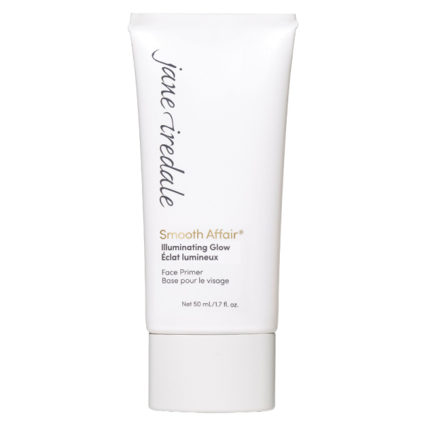 Jane Iredale Smooth Affair Illuminating Glow Face Primer, 50 ml, weiße Tube mit schwarzem Text.