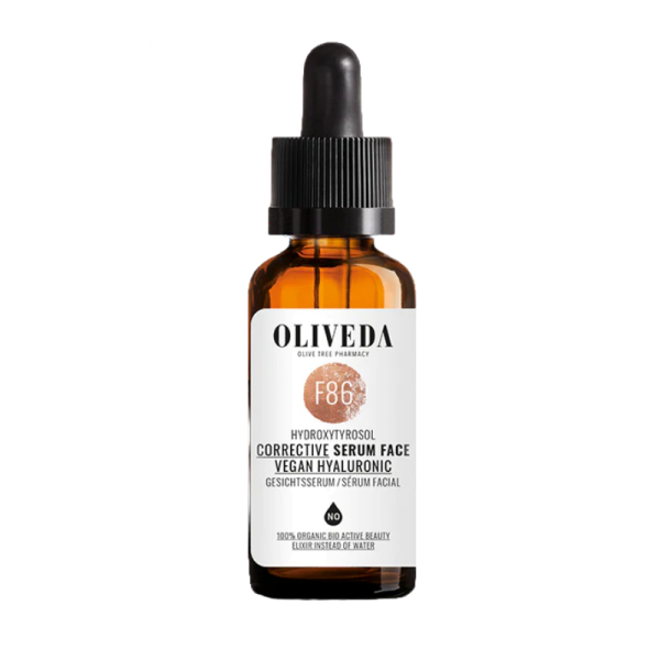 OLIVEDA F86 VEGAN HYALURONIC GESICHTSSERUM CORRECTIVE in brauner Flasche mit Pipette.