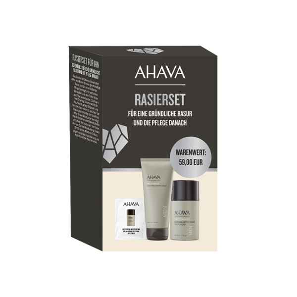 AHAVA Rasier-Set Verpackung mit Rasiercreme, Aftershave und Seife, Warenwert 59,00 EUR.