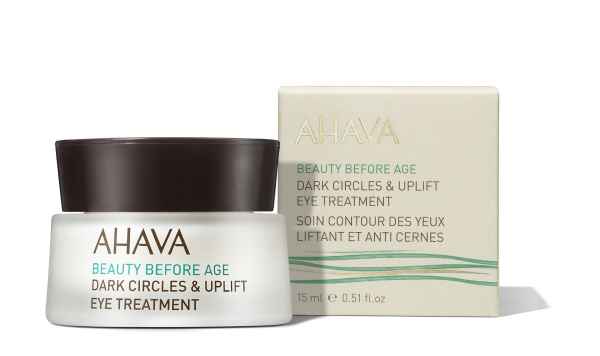 AHAVA Beauty Before Age Augencreme gegen Augenringe und Schwellungen, 15 ml, vor der Produktverpackung.