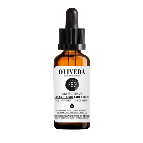 OLIVEDA F82 Green Retinol Face Elixir in brauner Glasflasche mit Pipette, 30 ml.