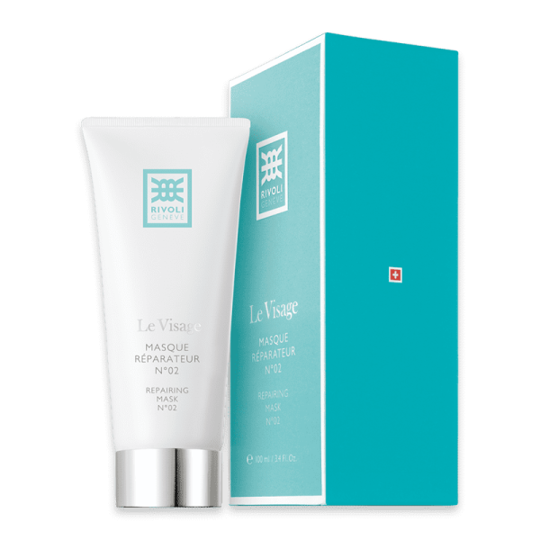 Rivoli Genf Le Visage Masque Réparateur N°02, 100 ml Tube und Verpackung, auf weißem Hintergrund.
