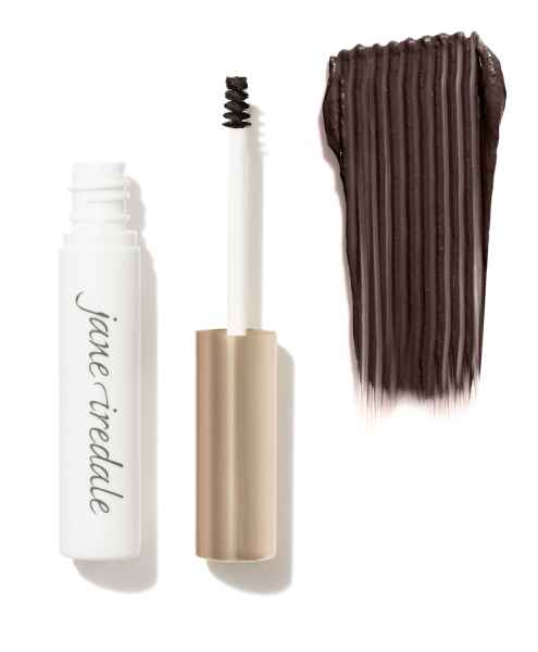 Jane Iredale Pure Brow Gel in Soft Black, geöffnet mit Bürste und Farbmuster auf weißem Hintergrund.