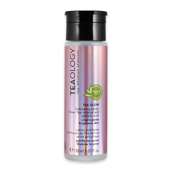 Flasche TEAOLOGY Tea Glow Peeling-Lotion mit Grüntee-Infusion und Salicylsäure, 150 ml.
