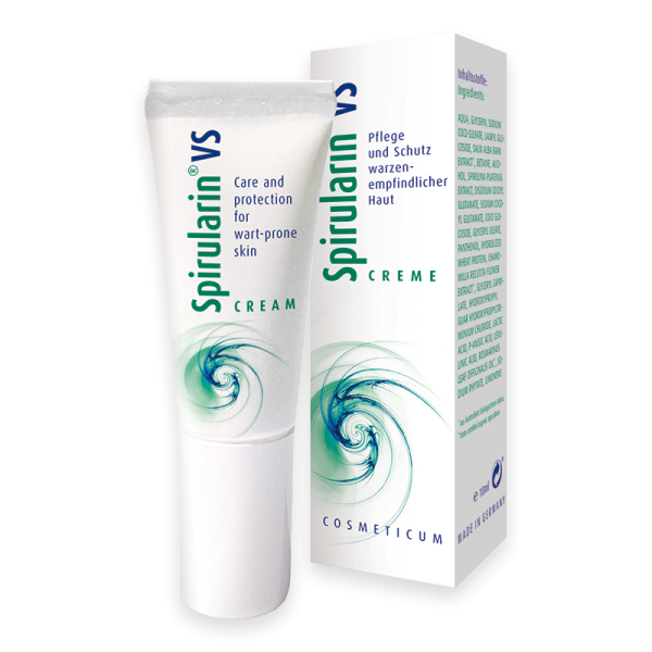 Spirularin VS Creme für warzenempfindliche Haut, Tube und Verpackung, 10 ml.