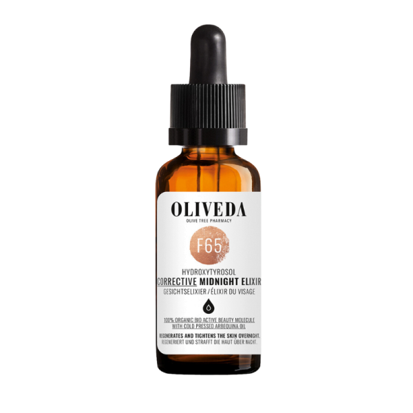 OLIVEDA F65 Corrective Midnight Gesichts-Elixier Hydroxytyrosol in brauner Glasflasche mit Pipette.