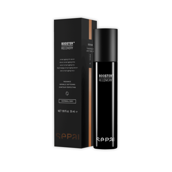 Schwarze Flasche und Verpackung des Sepai Booster Recovery Serums, 35 ml, auf weißem Hintergrund.