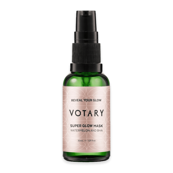 Votary Super Glow Maske, 30ml Flasche mit schwarzem Sprühkopf und grünem Glas, Etikett mit Text 'Reveal Your Glow, Watermelon and BHA'.