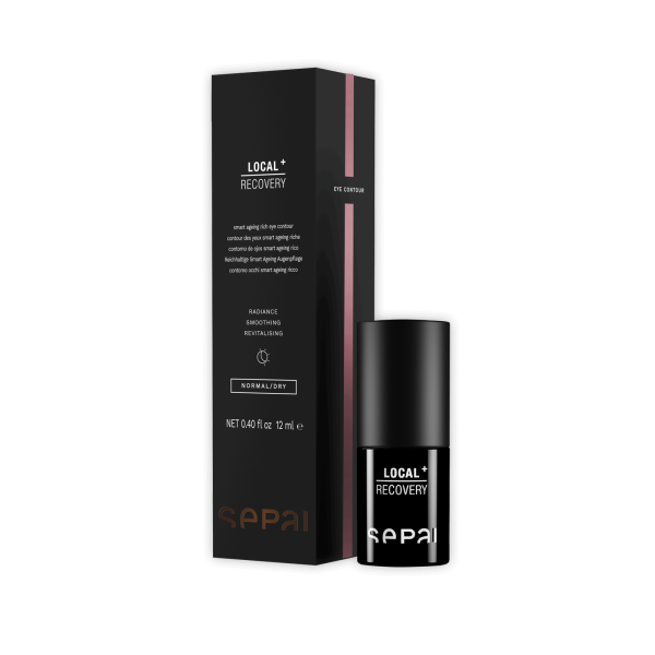 Schwarze Sepai Local Recovery Augencreme-Verpackung und Flasche auf weißem Hintergrund.