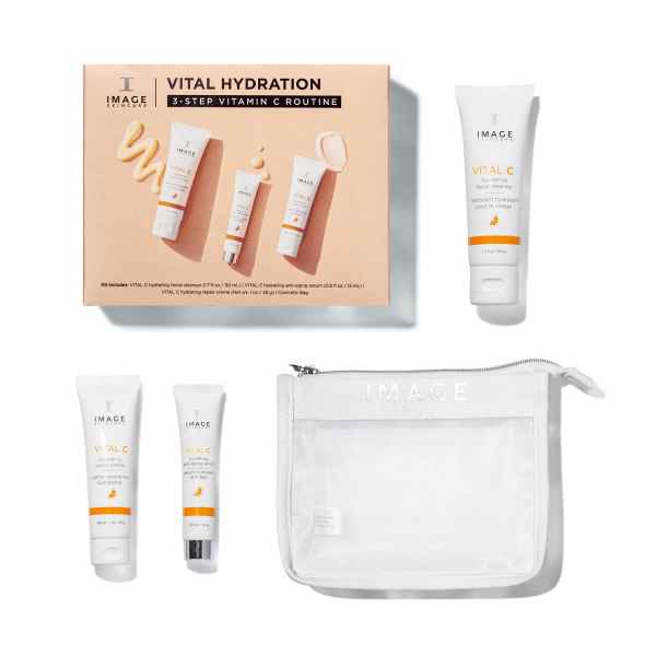 Vital Hydration 3-Schritte-Routine-Set mit drei Hautpflegeprodukten und einer transparenten Tasche.