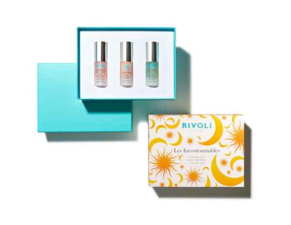Rivoli Les Incontournables Set mit drei Hautpflegeprodukten in einer türkisfarbenen Box und einer gelben Verpackung.