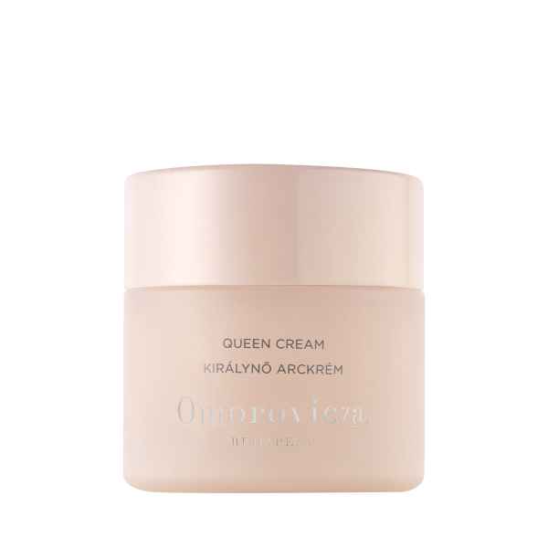 Omorovicza Queen Cream in einem beigen Tiegel mit silberner Aufschrift auf weißem Hintergrund.