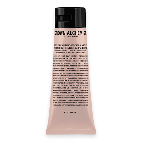 Grown Alchemist Deep Cleansing Facial Masque, 75 ml, in einer rosa Tube mit schwarzem Deckel.