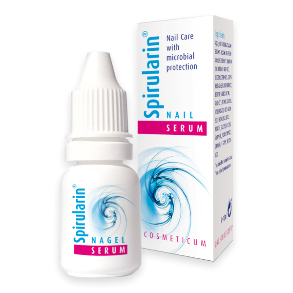 Spirularin Nagel Serum Flasche und Verpackung, Nagelpflege mit mikrobiellen Schutz.